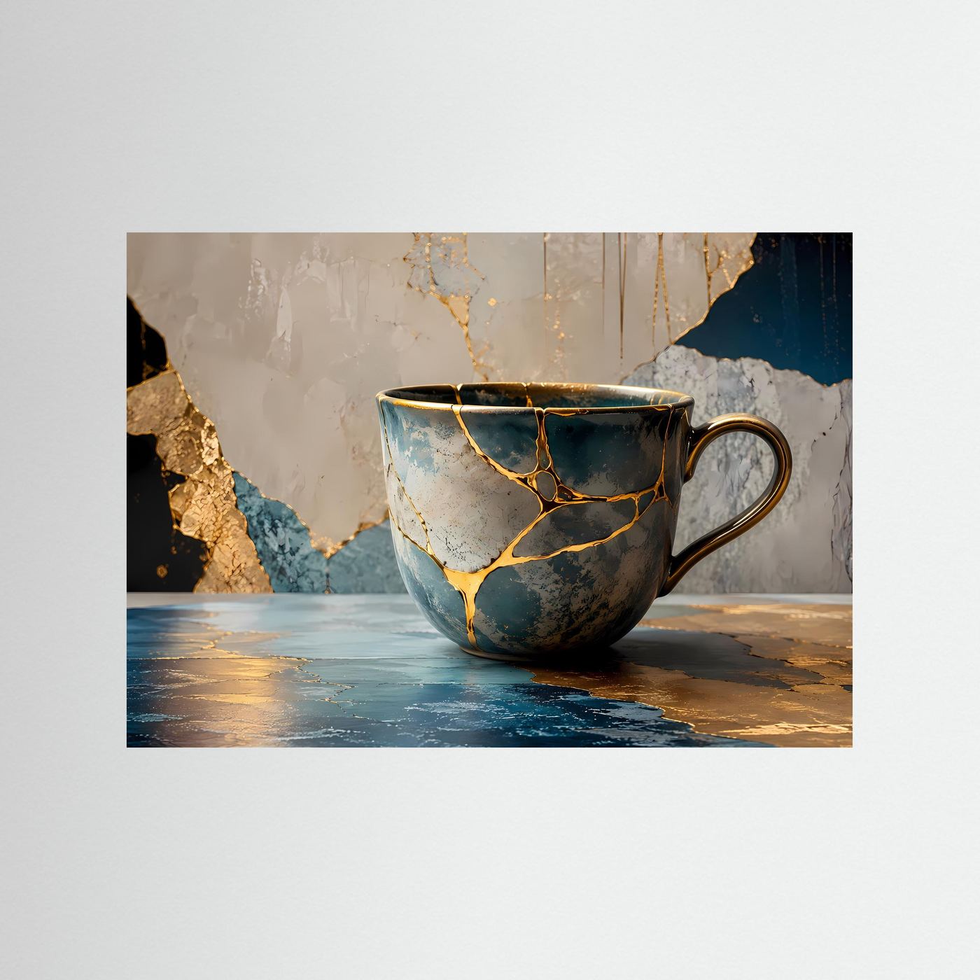 Kintsugi Philosophie | Elegante Teetasse & Marmor Poster mit Gold-Akzenten