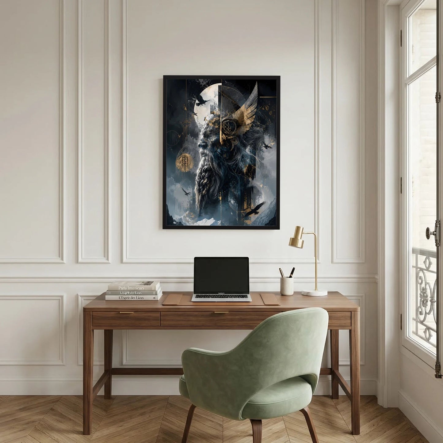 Hochformat-Poster im schwarzen Rahmen: geflügeltes Wolfswesen mit goldenen Münzen und Mond