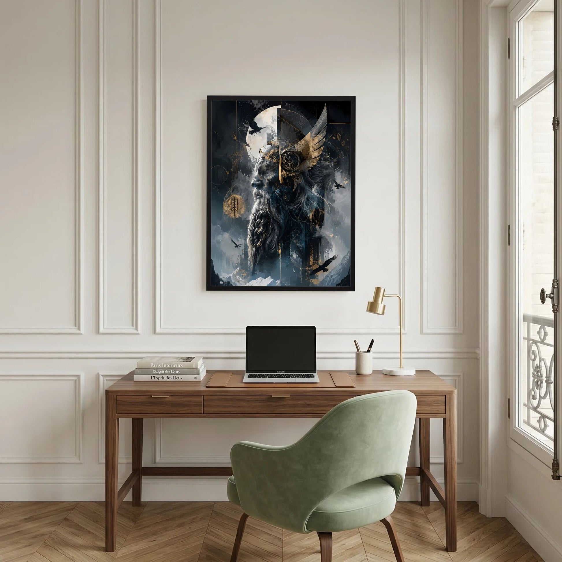 Hochformat-Poster im schwarzen Rahmen: geflügeltes Wolfswesen mit goldenen Münzen und Mond