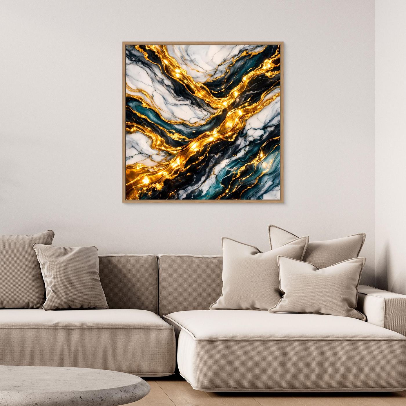Gerahmtes Leinwandbild mit abstrakter Goldmarmor-Optik, goldene Akzente auf Blau-Weiß