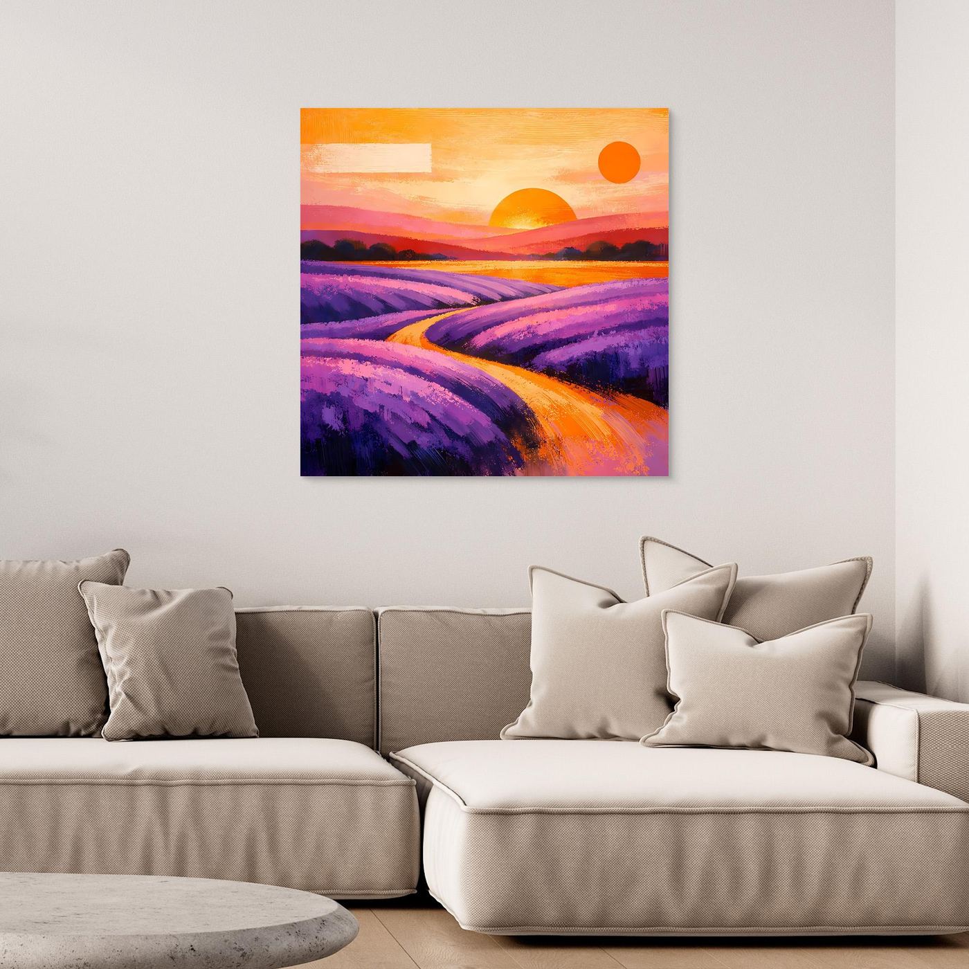 Quadratisches Leinwandbild mit abstrakten Lavendelfeldern und orangefarbenem Sonnenuntergang