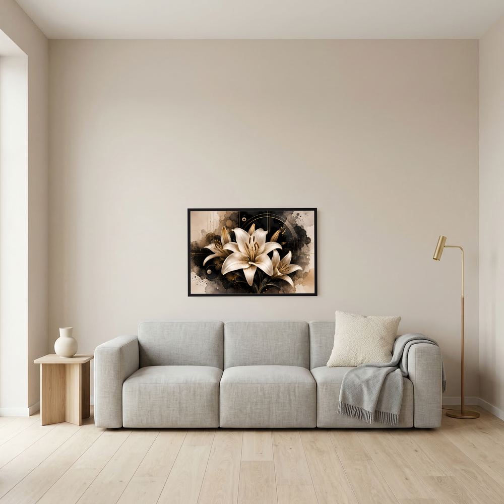 Wandposter im Querformat mit weißen Lilienblüten, schwarz-goldenem Design, schwarz gerahmt