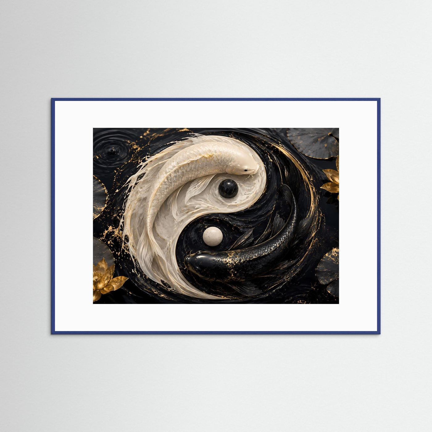 Yin Yang Koi Poster | Schwarzer & Weißer Koi mit Gold Lotus | Feng Shui Wandkunst | Abstrakte Zen Kunst | Premium Leinwand & Wall Art