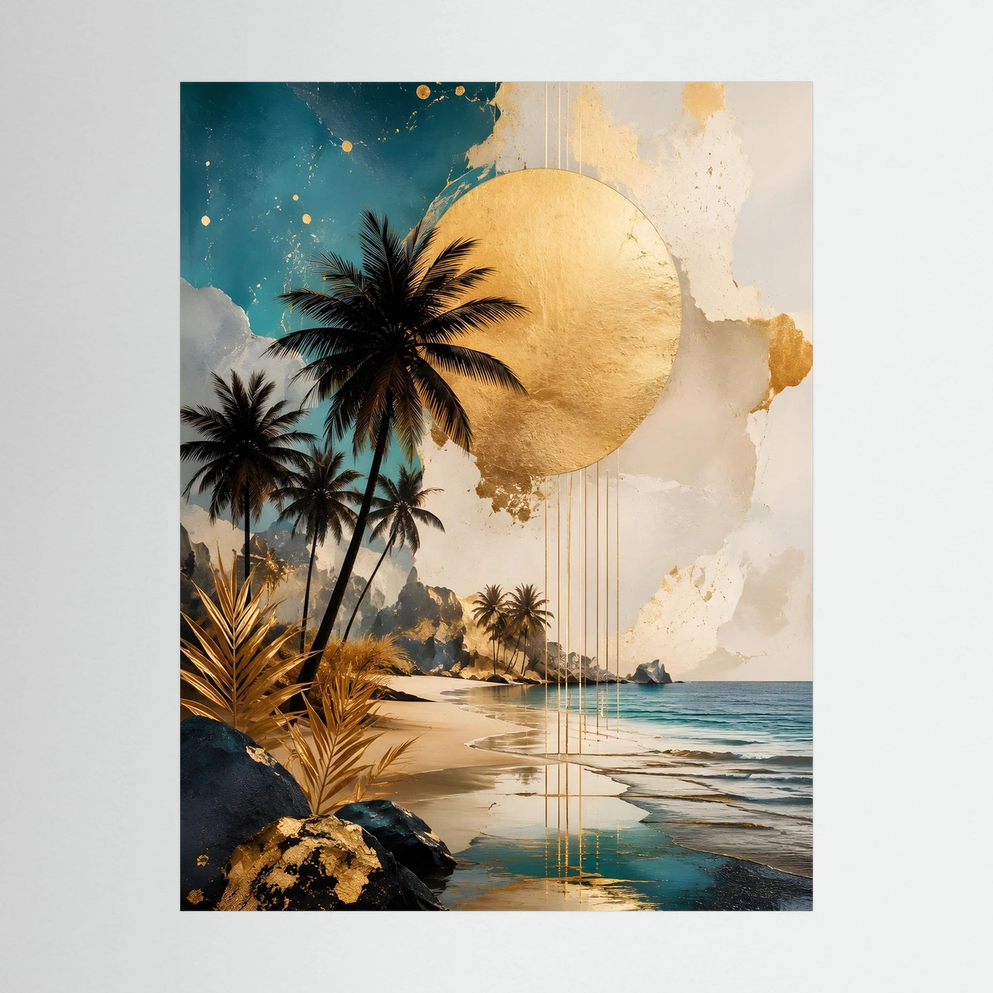 Hochformat-Poster mit tropischer Küstenlandschaft, Palmen, goldener Sonne und Meer