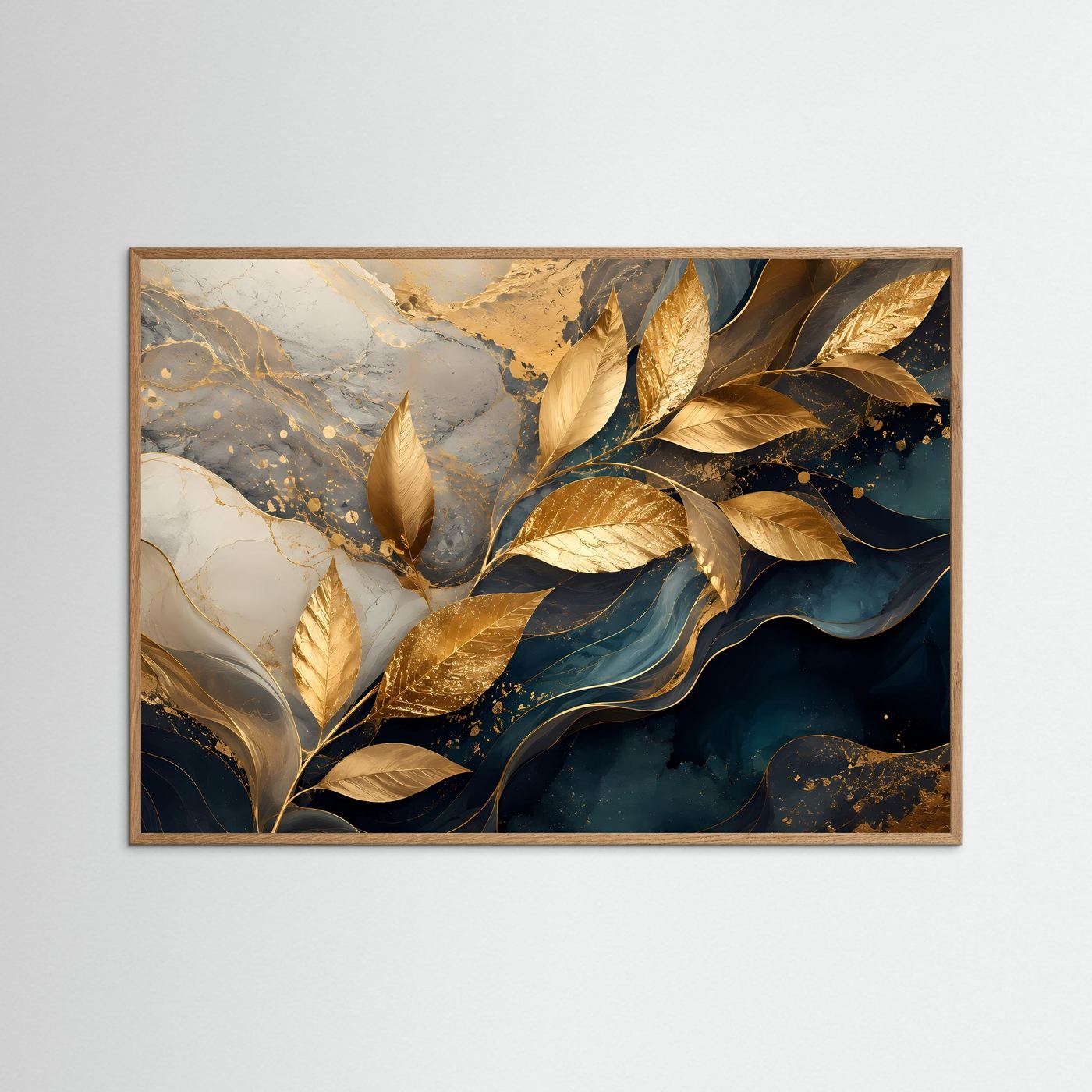 Goldene Blätter auf Petrol & Marmor | Luxuriöse abstrakte Botanische Wandkunst