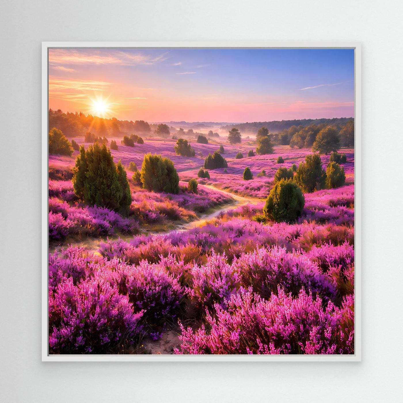 Leinwandbild Heidekrautlandschaft mit Sonnenaufgang, weißer Rahmen