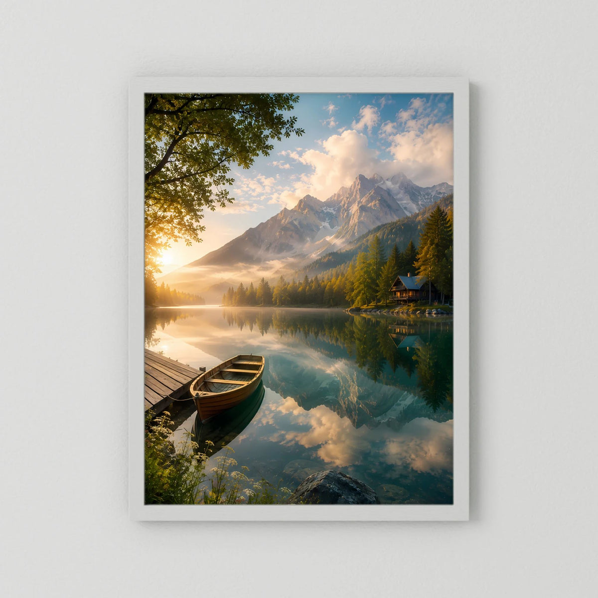 Kunstposter mit Bergsee und Holzboot, weißer Rand ohne Rahmen