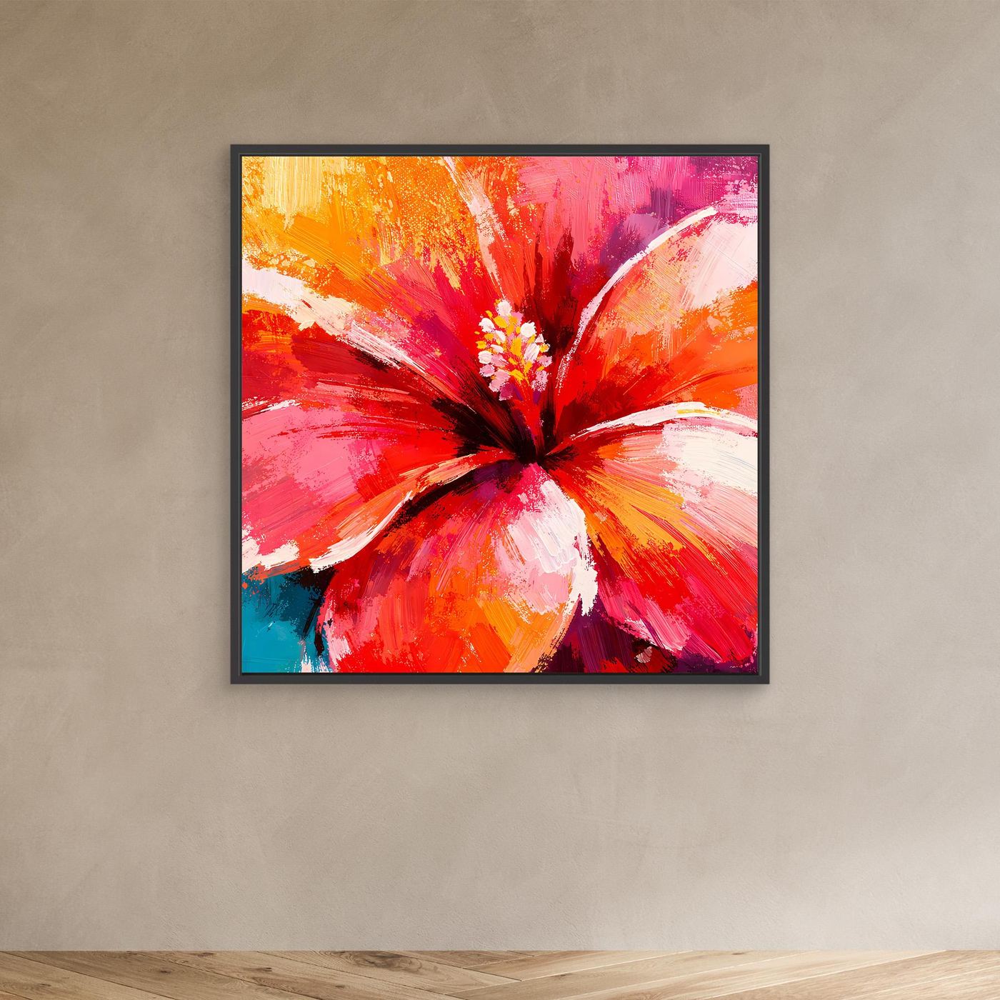 Leinwand Abstraktes Hibiskus Blütenbild | Modernes Tropen Wandbild Rot Pink