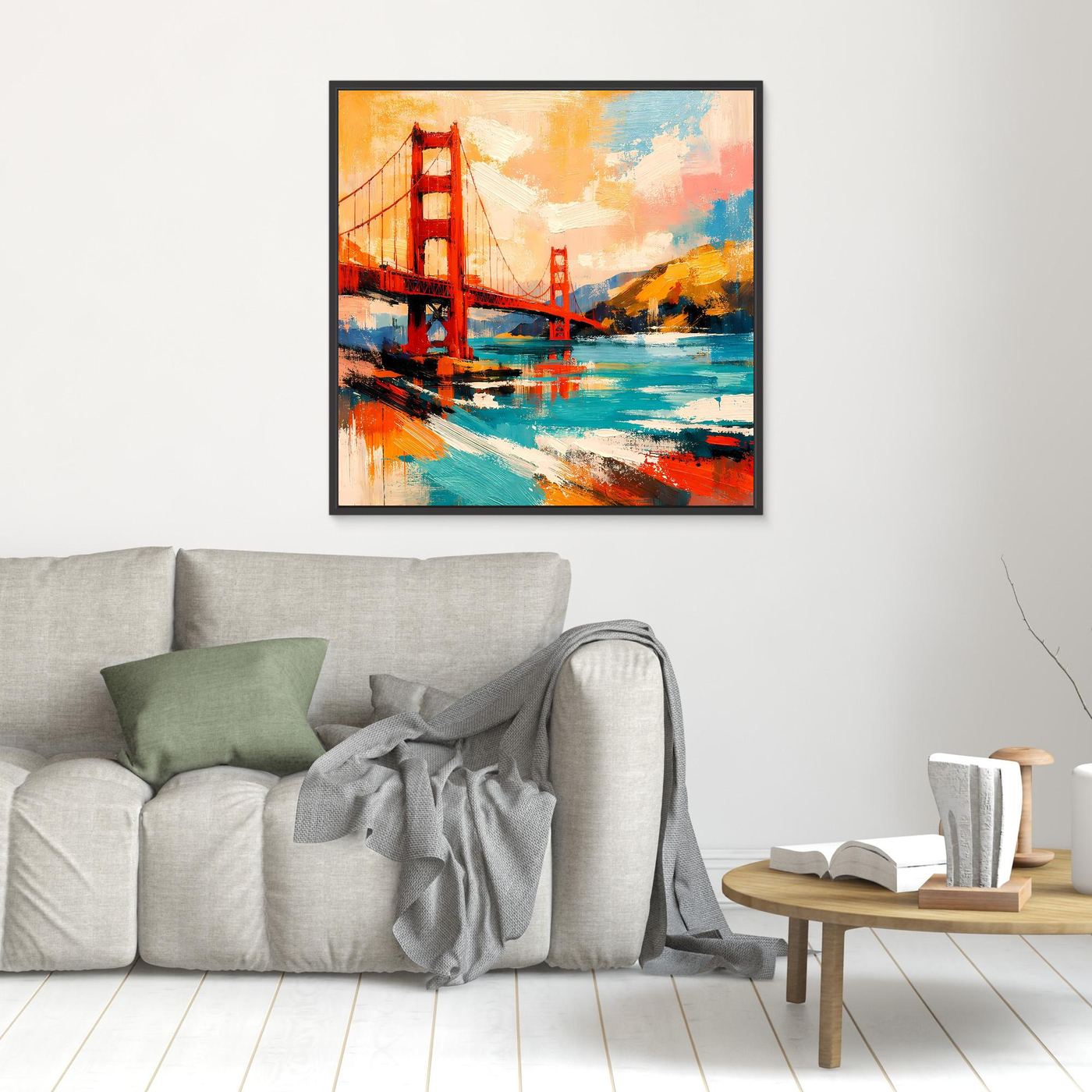 Black-framed abstract bridge wall art with red tower and teal water over orange brushwork