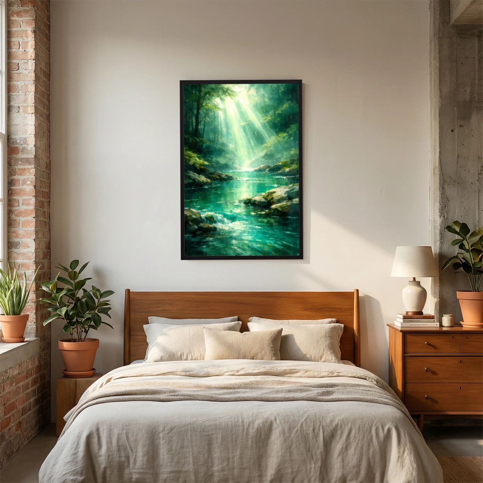 Wandbild Hochformat mit grünem Fluss im Wald und Lichtstrahlen, schwarzer Rahmen