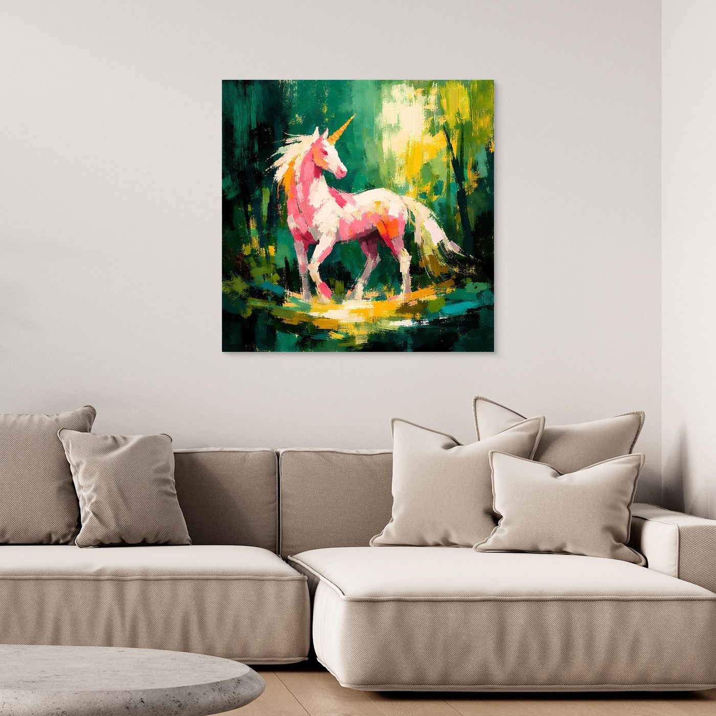 Leinwand Anmutiges Einhorn im Zauberwald | Abstraktes Fantasy & Natur Wandbild