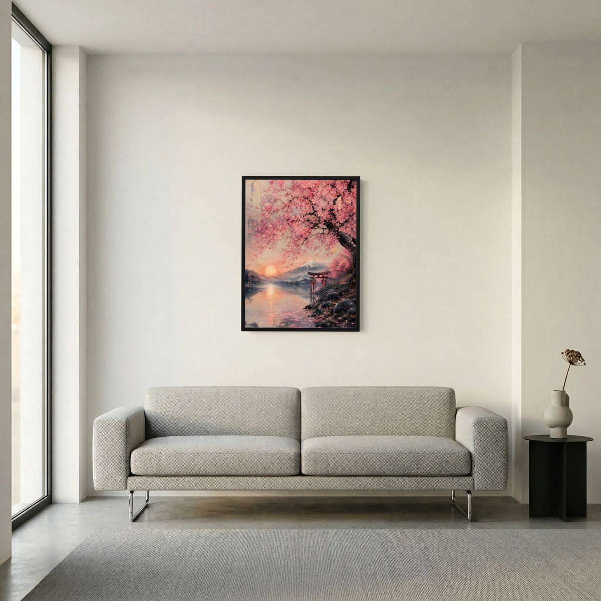 Gerahmtes Poster an der Wand: Kirschblütenbaum mit Torii vor Fuji