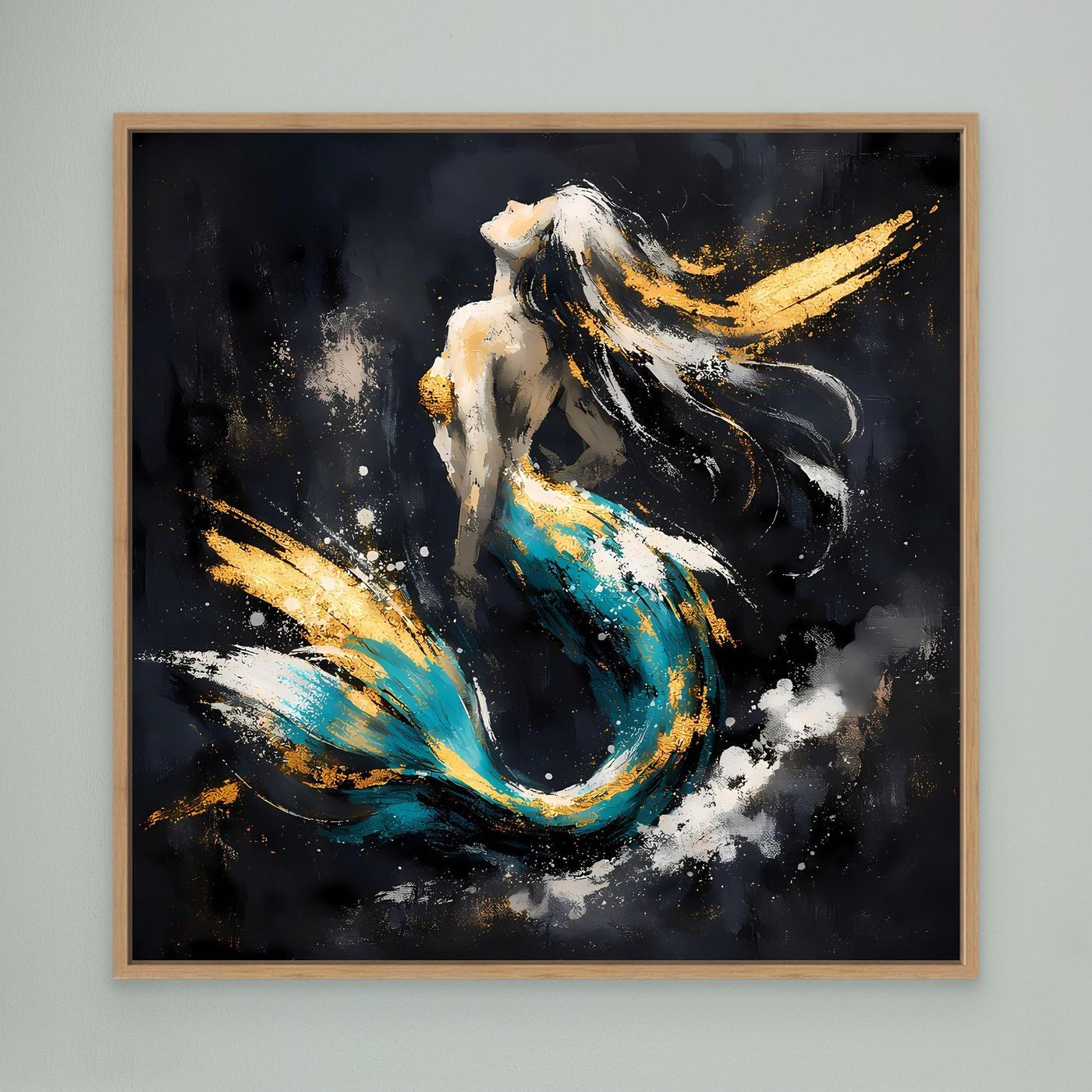 Leinwand Elegante Meerjungfrau in Türkis und Gold | Modernes Fantasy Wandbild