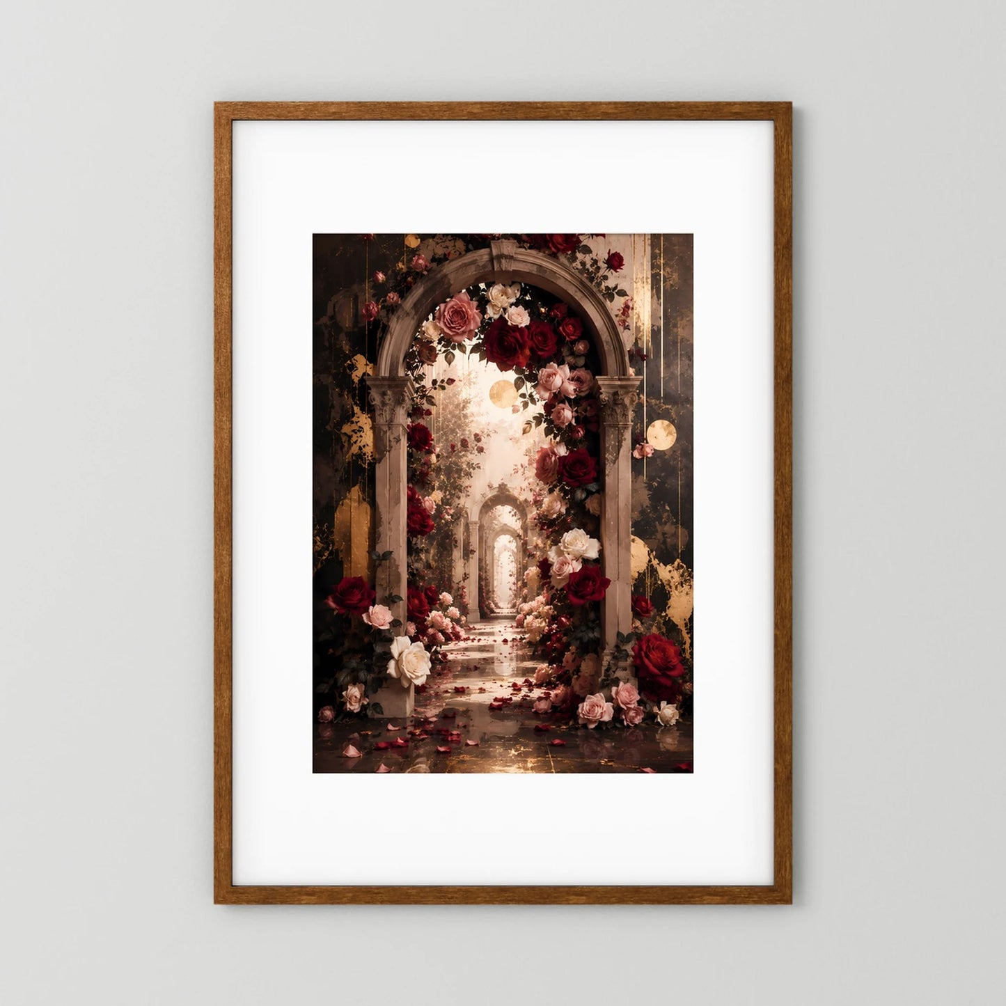 Poster im Hochformat: Rosen-Torbogen, rote und goldene Akzente, brauner Rahmen