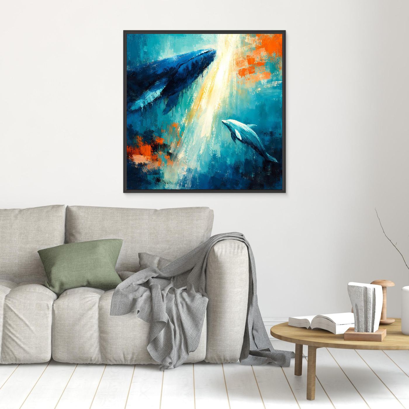 Leinwand Majestätischer Wal und Delfin im Lichtstrahl | Abstraktes Meeres Wandbild
