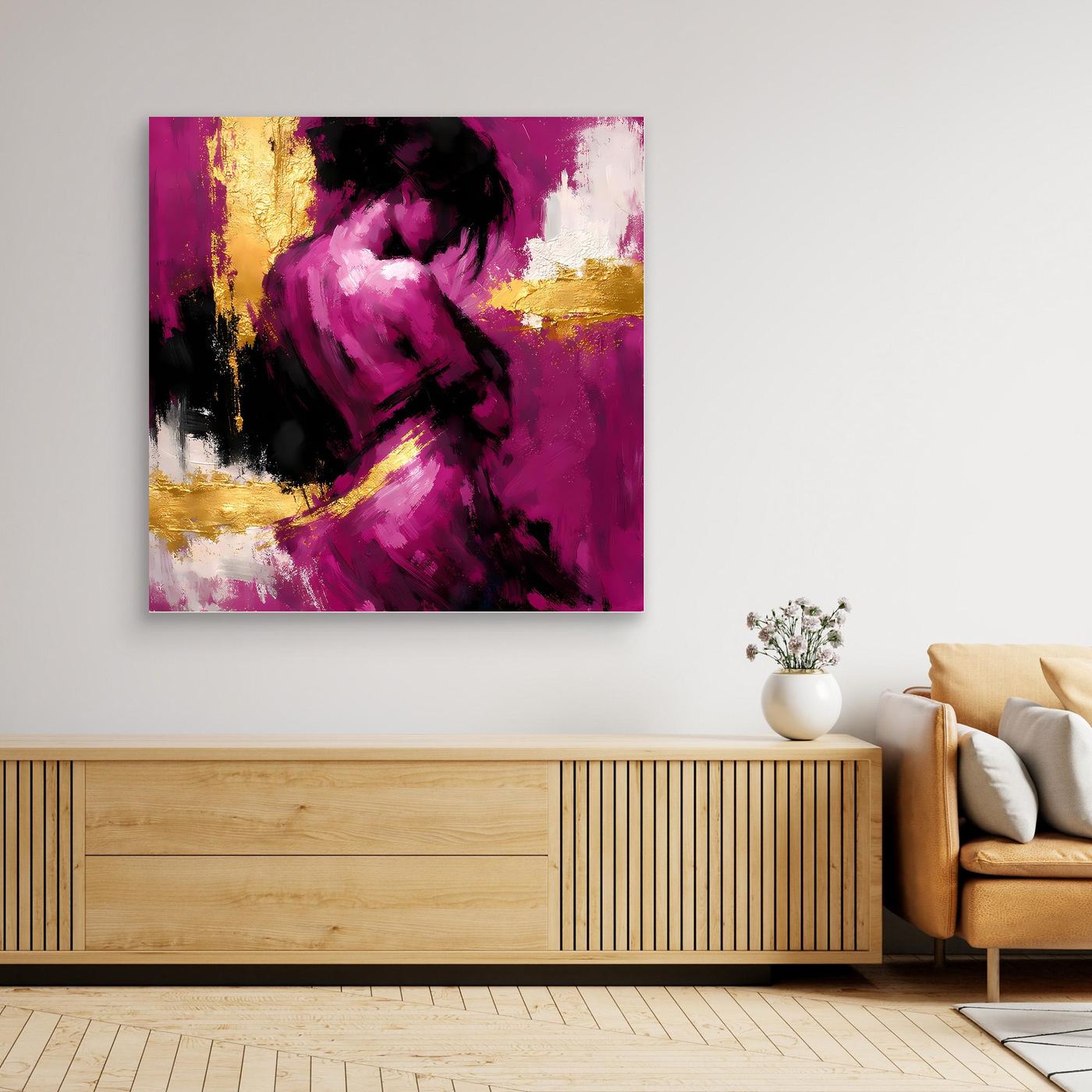 Leinwand Elegante Silhouette in Magenta | Abstraktes Frauengestalt Wandbild Gold