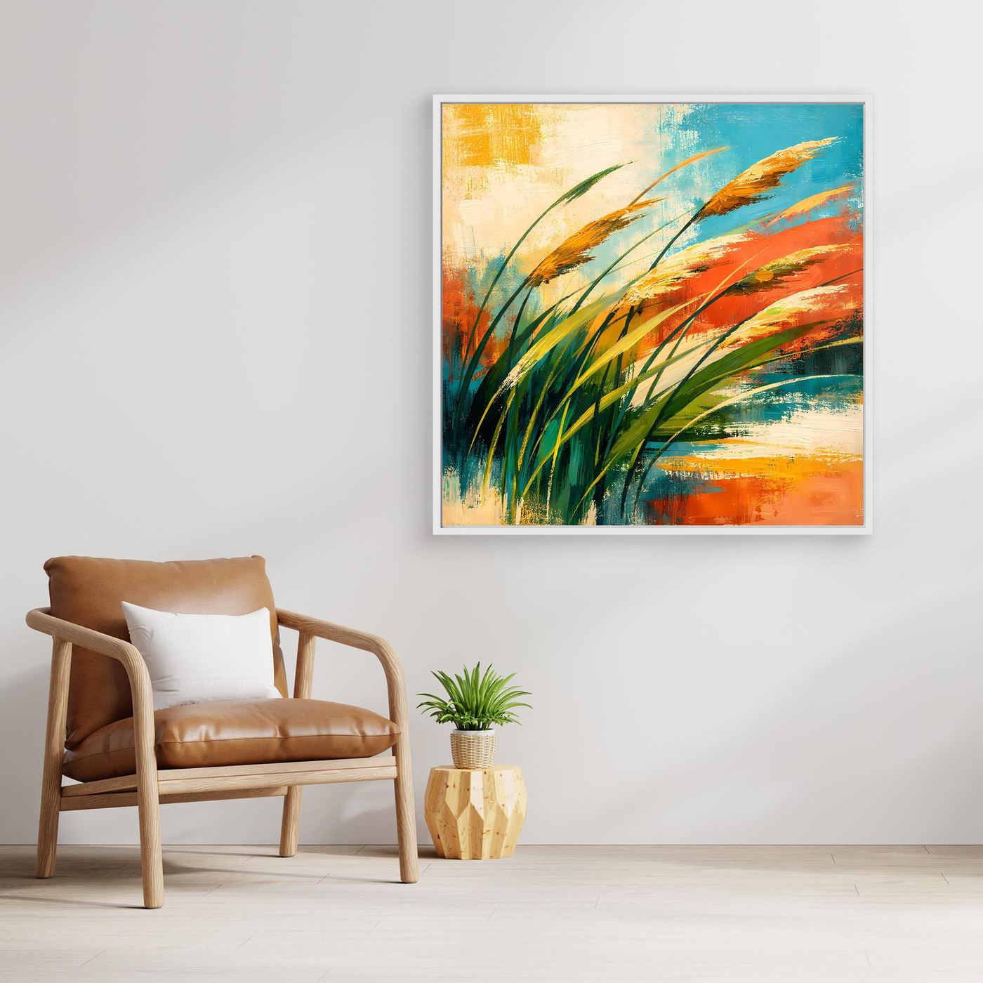 Quadratisches, gerahmtes Leinwandbild mit abstrakten Gräsern in Grün, Blau, Orange und Gelb