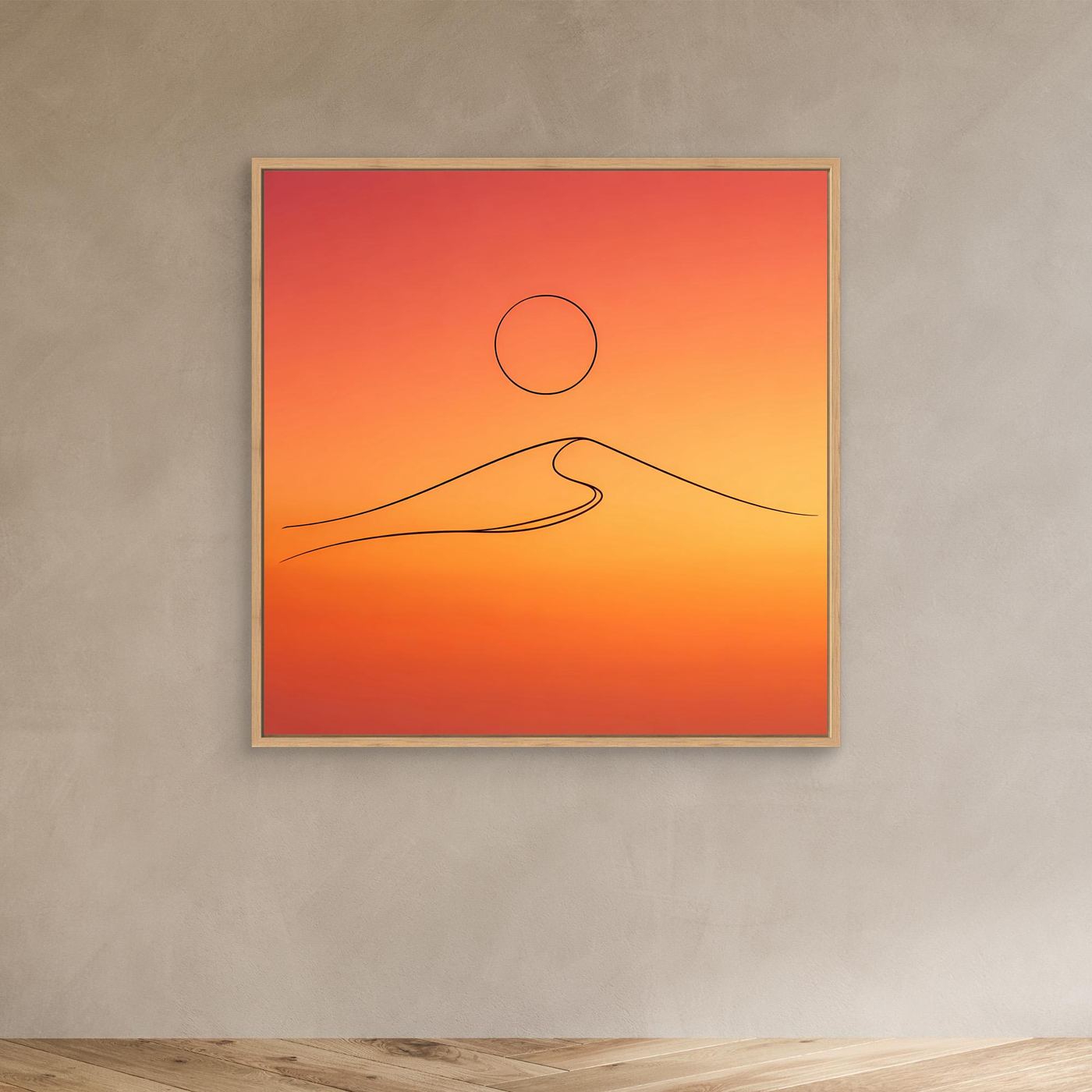 Leinwandbild mit minimalistischer Wüstendüne: Kreis-Sonne und Linien, im hellen Rahmen