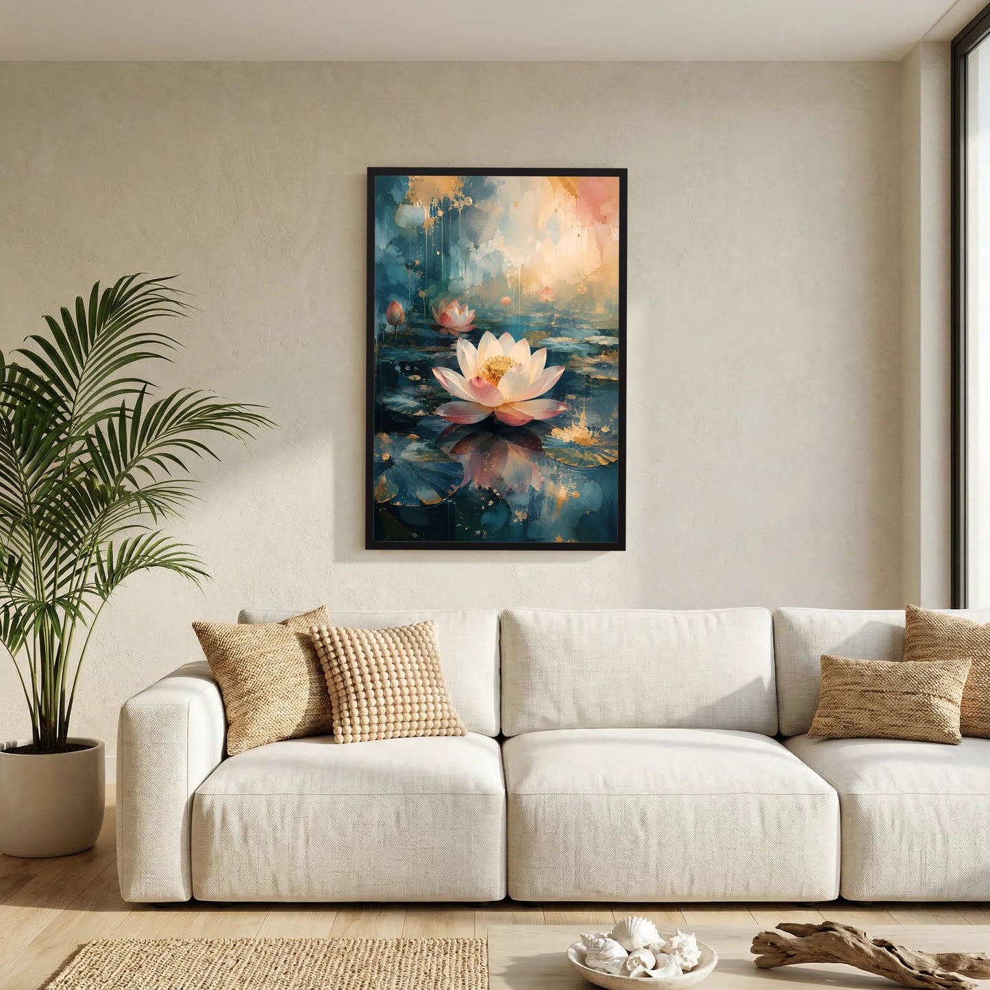 Hochformatiges Lotus-Kunstposter mit schwarzem Rahmen: weiße und rosa Blüte, blau-goldene Farbflächen