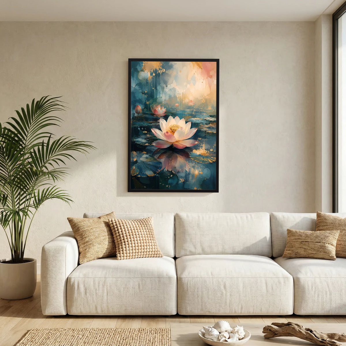 Hochformatiges Lotus-Kunstposter mit schwarzem Rahmen: weiße und rosa Blüte, blau-goldene Farbflächen