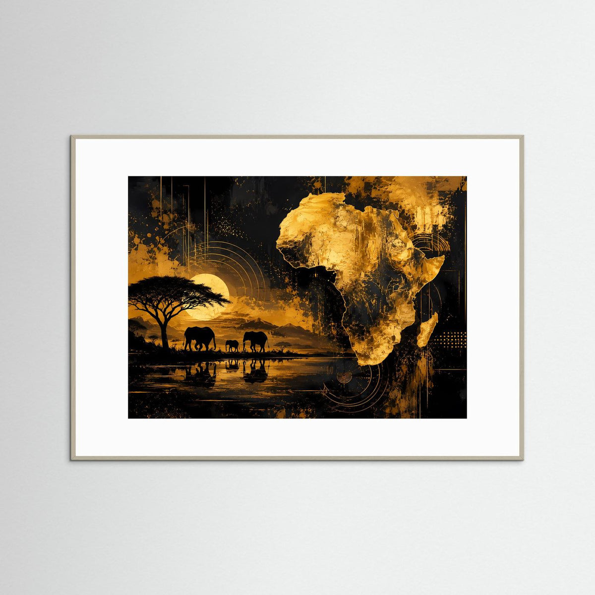 Poster im Querformat mit goldener Afrika-Karte und Elefantenmotiv, grau gerahmt