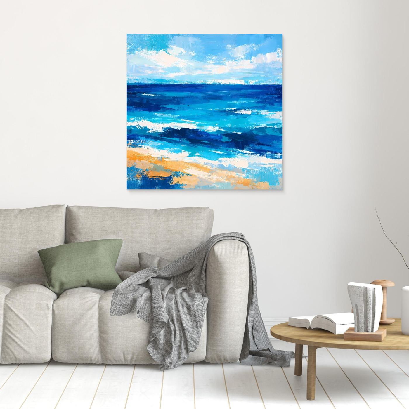 Abstract seascape wall art print in blue with tan border frame