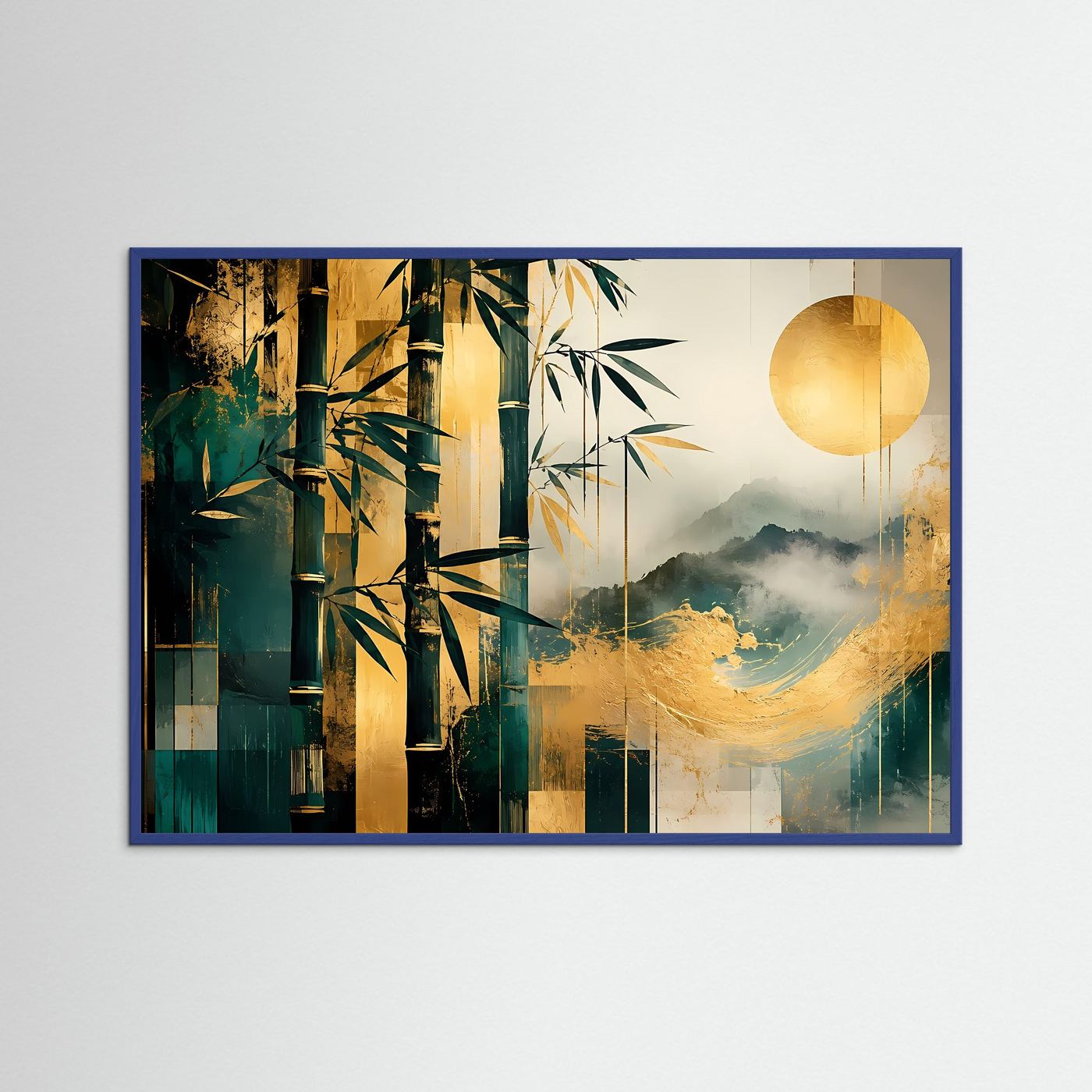 Bambus Gold Poster | Japanische Landschaft Wandbild Modern | Abstrakte Zen Kunst mit Bergen und Sonne