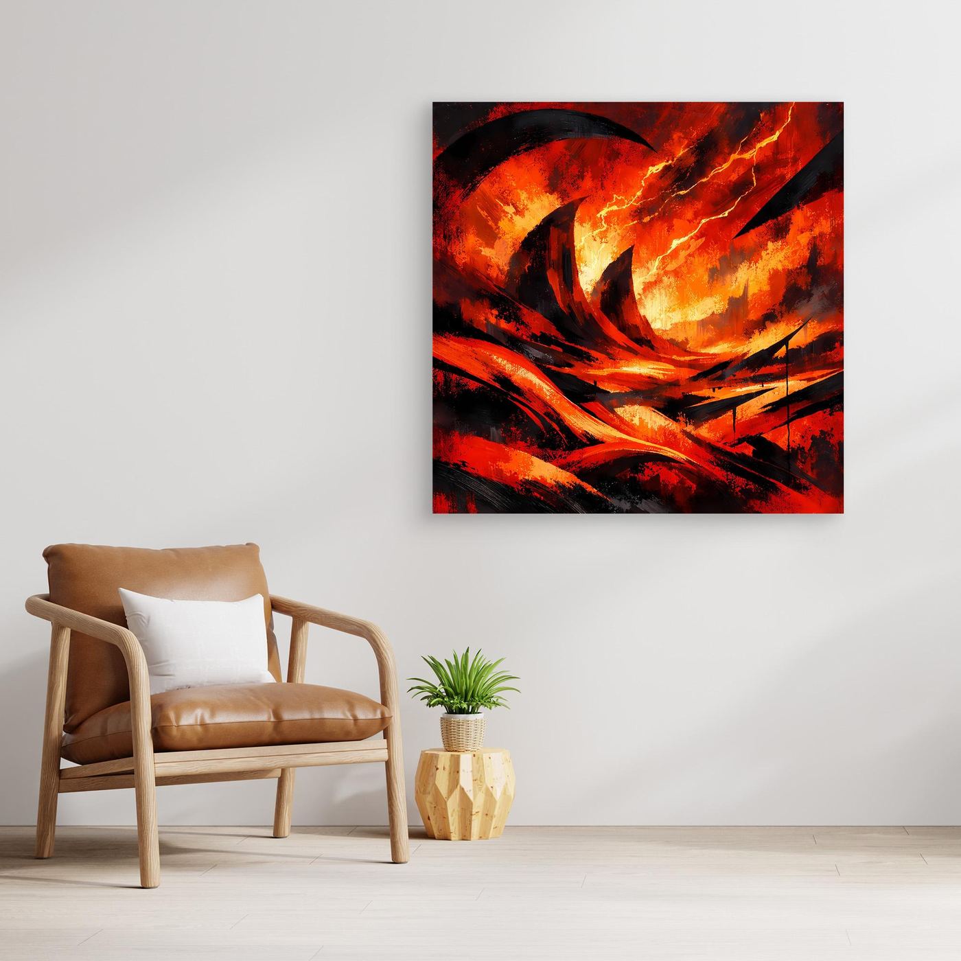 Gerahntes Leinwand-Wandbild mit Lavaflammen und Blitzen, rotes Muster, heller Holzrahmen.