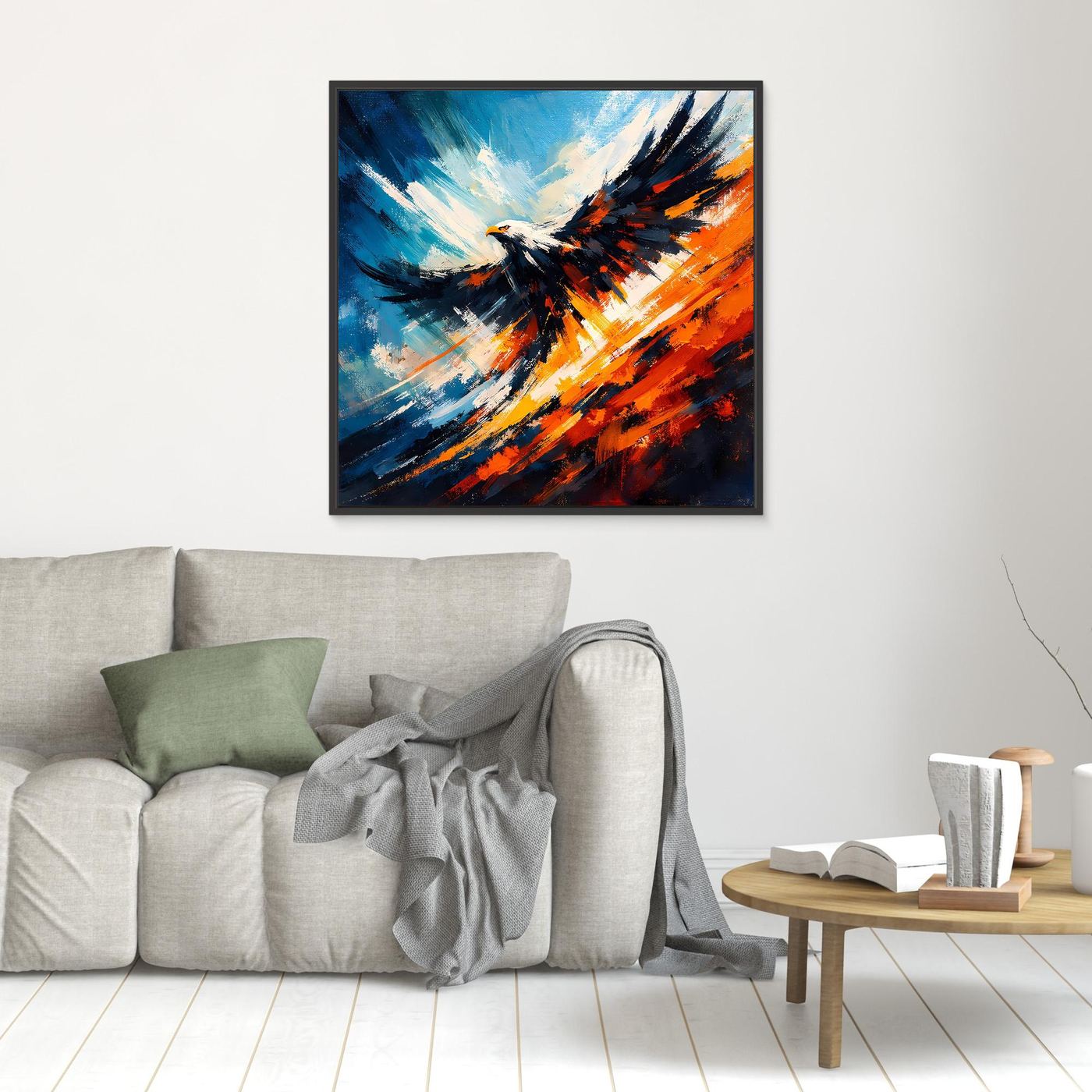 Wandbild mit abstraktem Adler in Blau, Orange und Schwarz, schwarz gerahmt