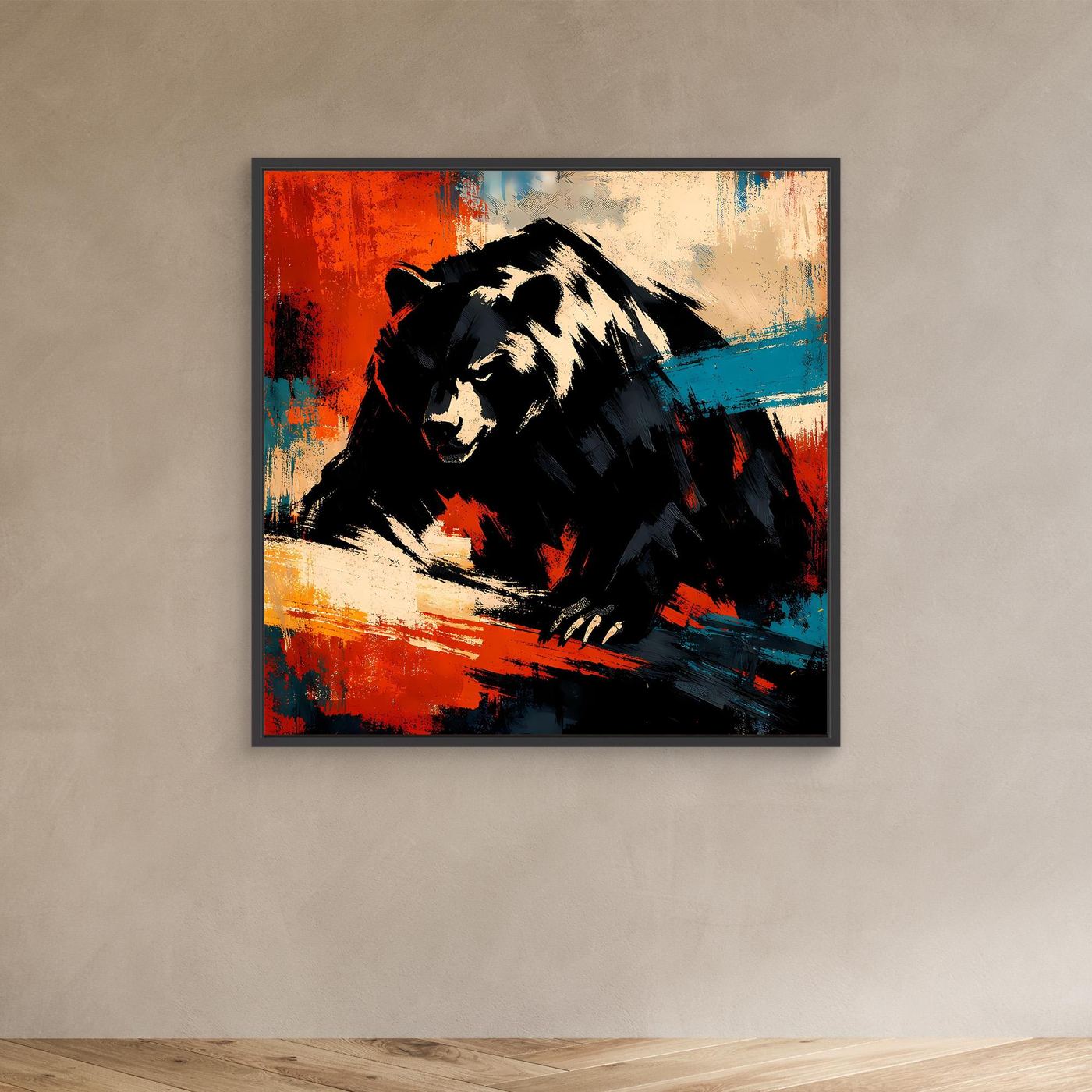Leinwand-Wandbild mit Grizzlybär im dunklen Rahmen, abstrakt in Rot und Blau