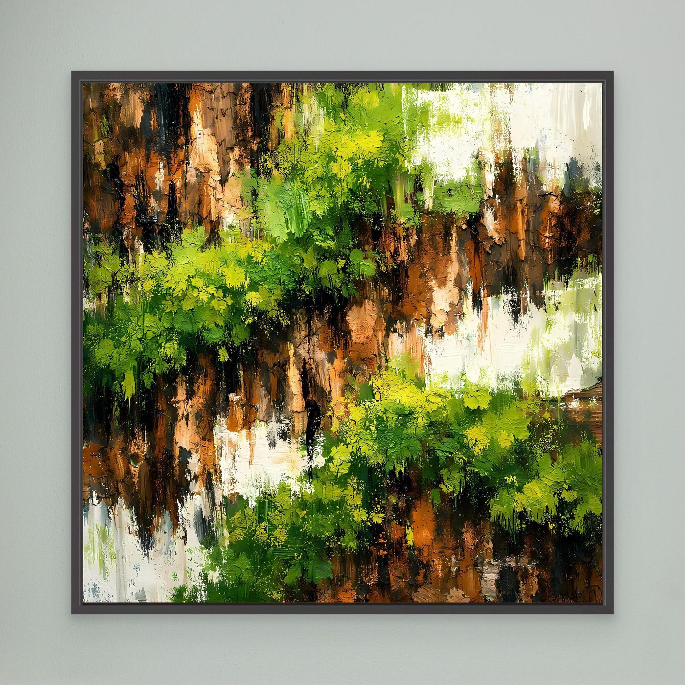 Quadratisches Leinwand-Wandbild mit abstrakter bewachsener Felswand, schwarz gerahmt
