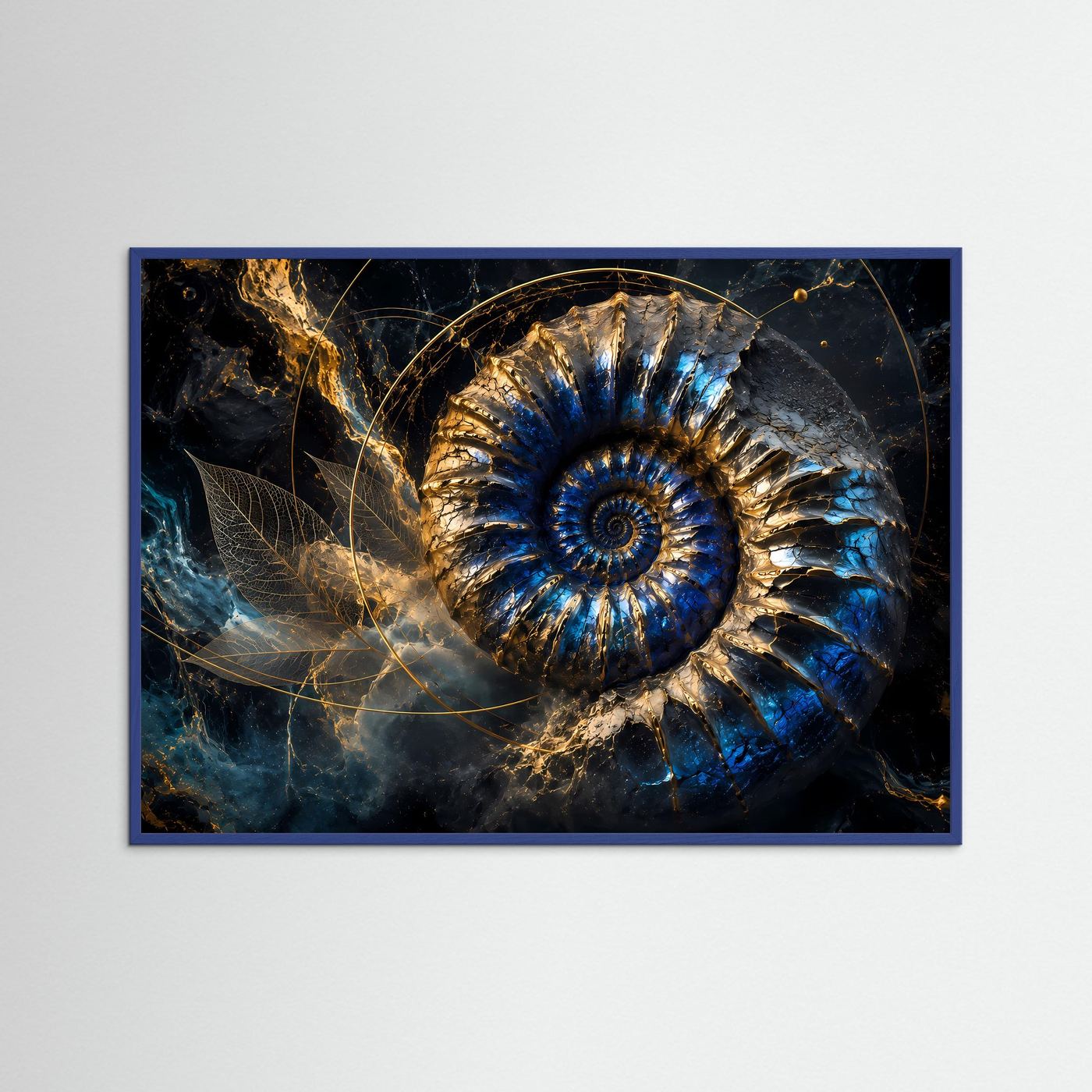Goldener Ammonit in Tiefblau | Luxuriöse Fossil Kunst mit kosmischer Eleganz