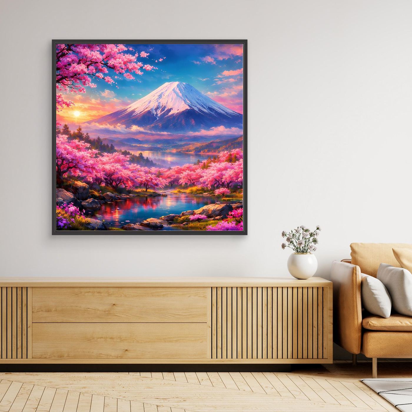 Leinwandbild Magischer Fuji & Kirschblüte | Japanisches Frühlingserwachen Wandbild auf echtem Holzkeilrahmen