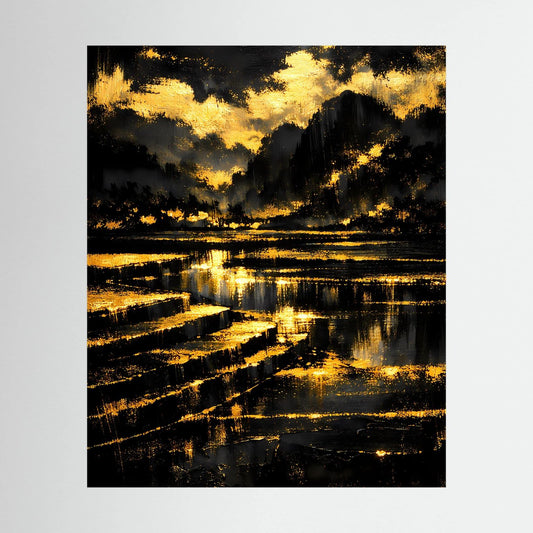 Hochformatiges Poster mit abstrakter Berglandschaft in Schwarz und Gold, Spiegelungen am See