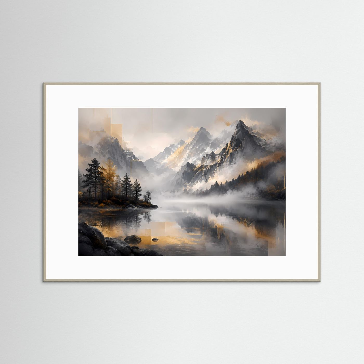 Querformat-Poster mit nebligem Bergsee, Berge und Wald, Grau-Schwarz-Gold, grauer Rahmen