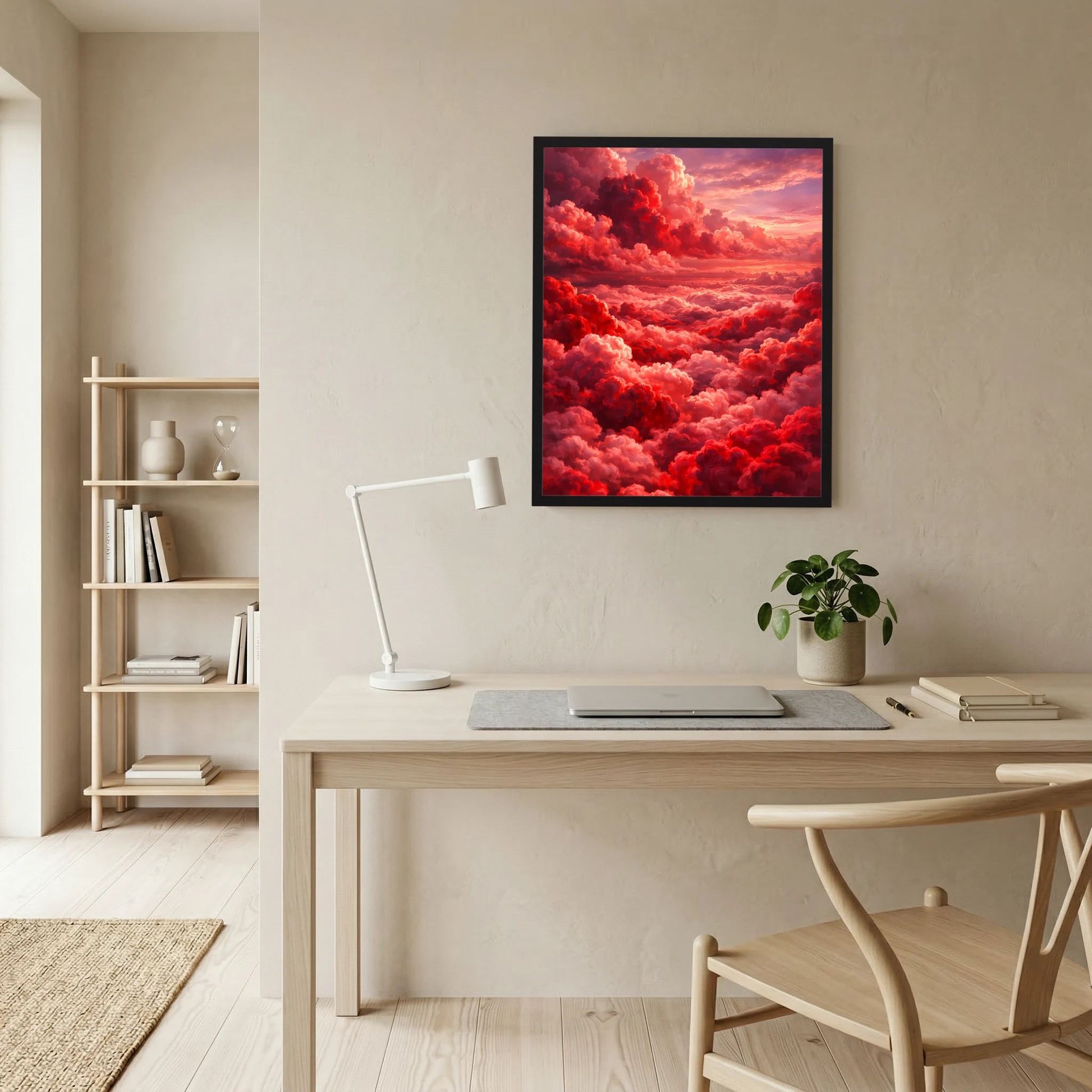 Gerahmtes Kunstposter mit roten Wolken und tiefrotem Sonnenuntergangshimmel