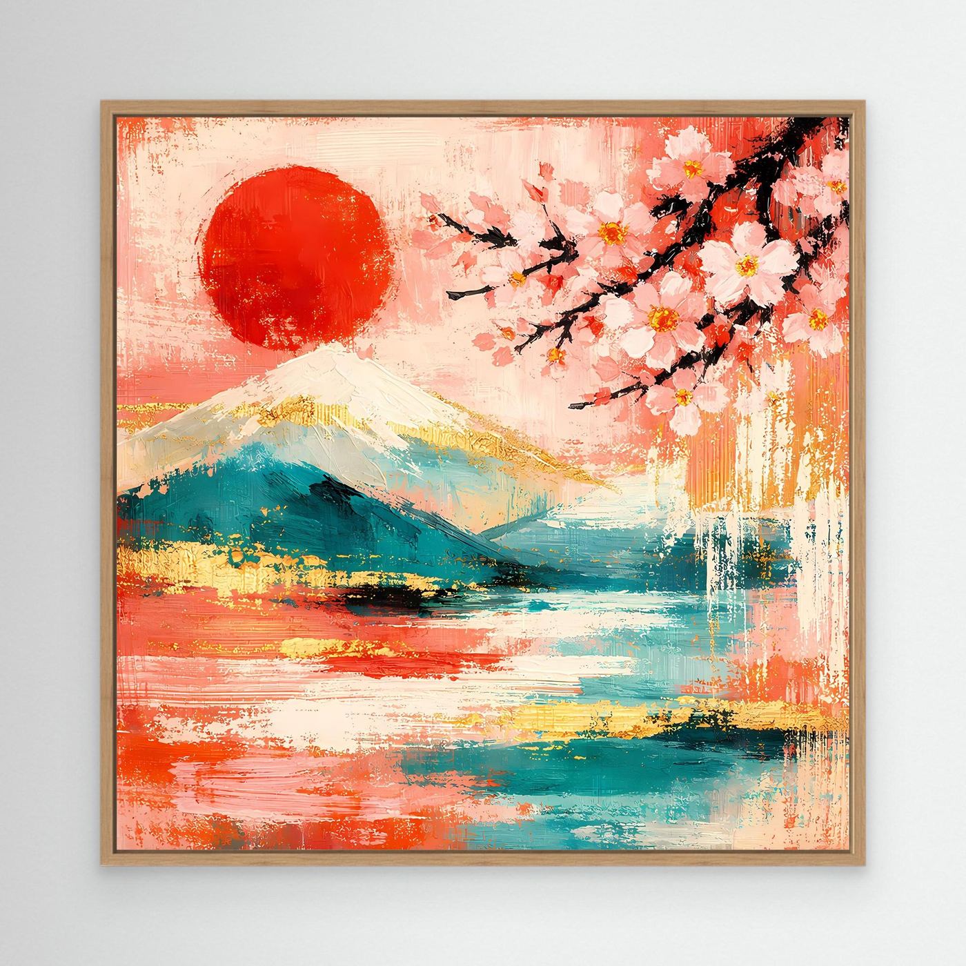 Abstraktes Leinwandbild mit Fuji, Kirschblüten und roter Sonne im braunen Holzrahmen