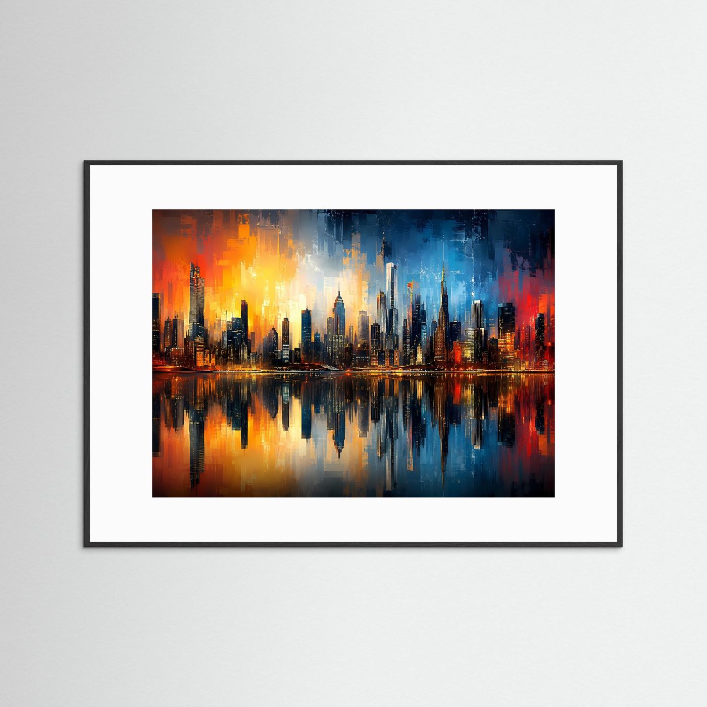 Abstrakte Skyline in Blau & Gold | Moderne City Panorama Kunst Poster Querformat