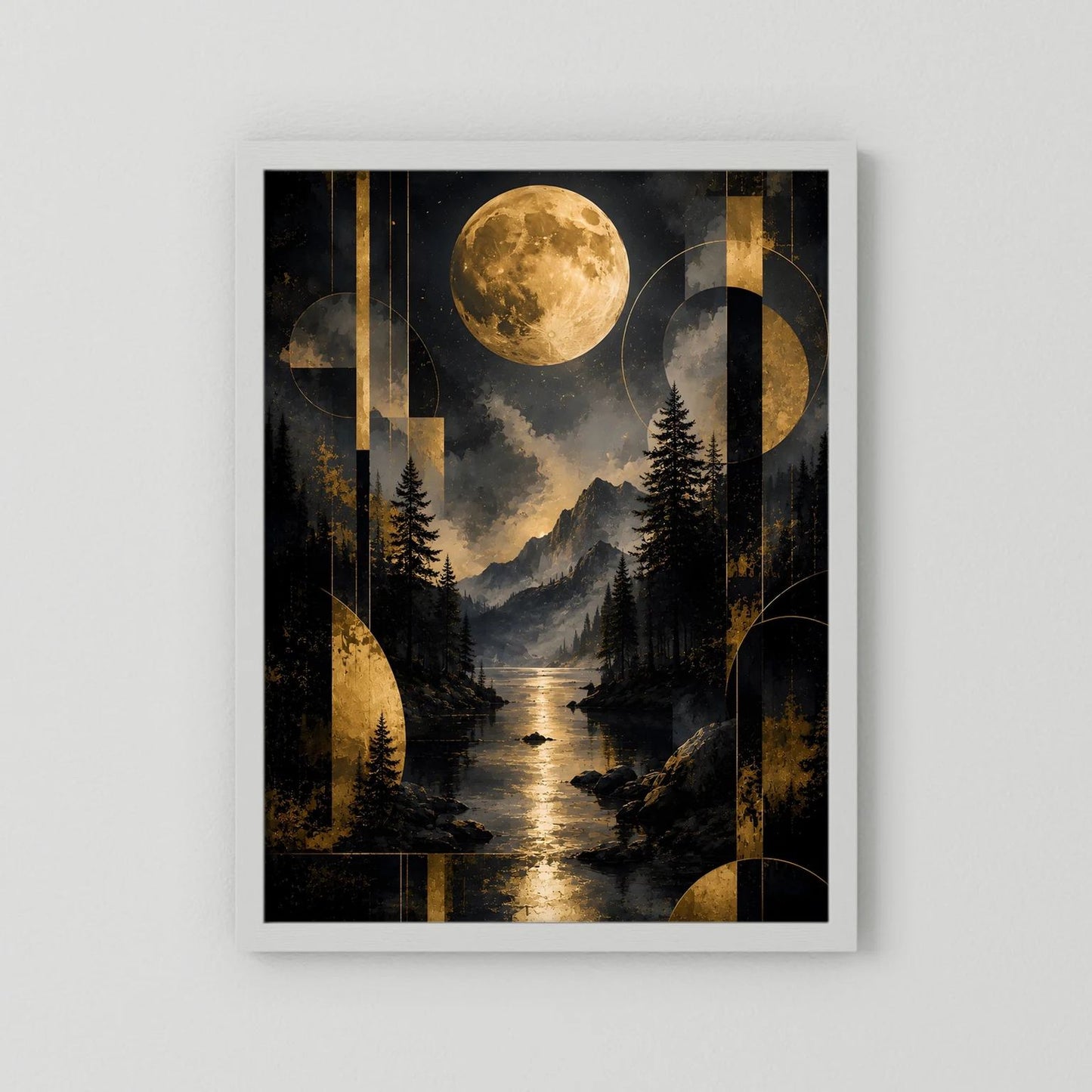 Hochformatiges Wandposter mit goldener Vollmond-Landschaft, Bergen, Tannen und Fluss, weiß gerahmt