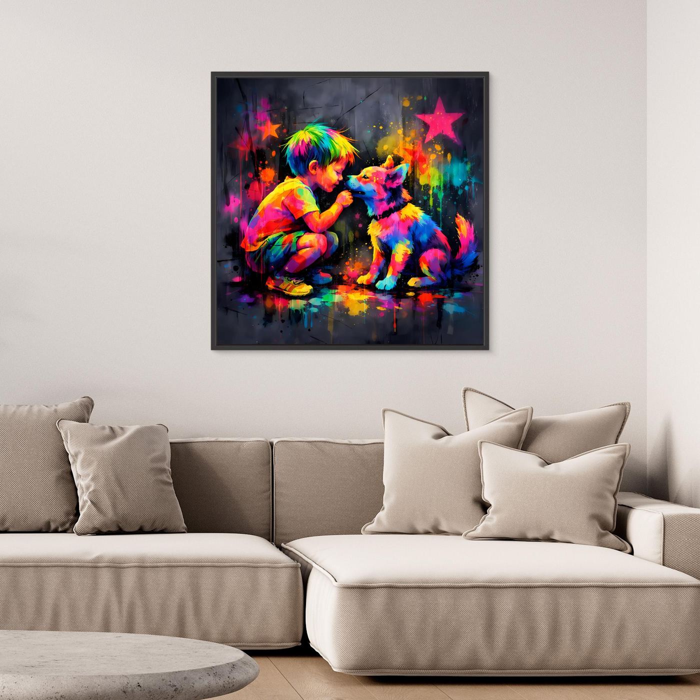 Leinwandbild mit schwarzem Rahmen: bunte Graffiti-Kunst mit Kind und Hund, roter Sterne