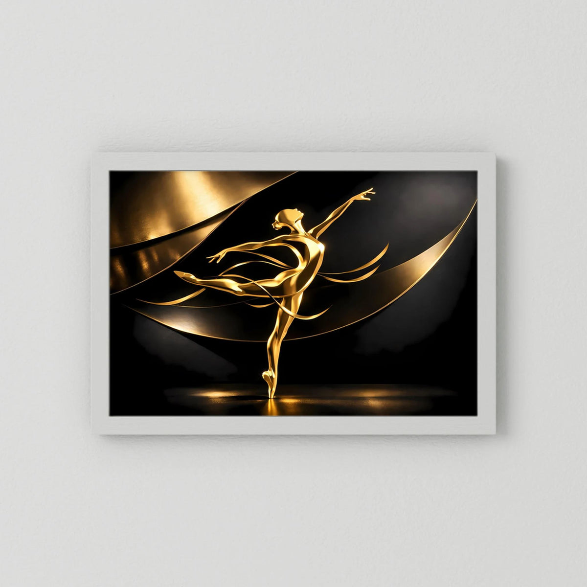 Wandbild im weißen Rahmen mit goldener Ballerinafigur und geschwungenen Linien.