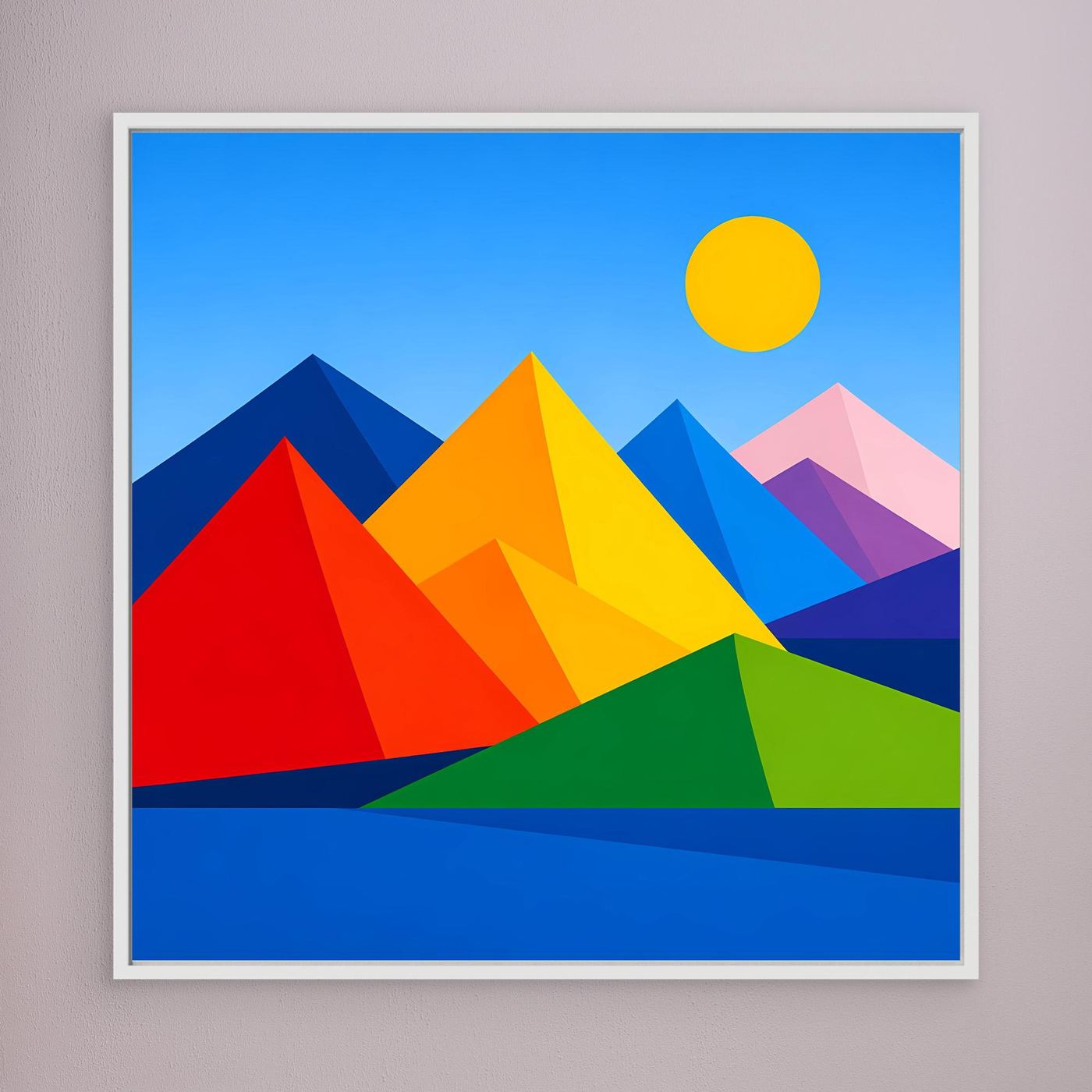 Gerahmtes Leinwandbild mit geometrischer Berglandschaft und Sonne, farbige Dreiecke, hellgrauer Rahmen.