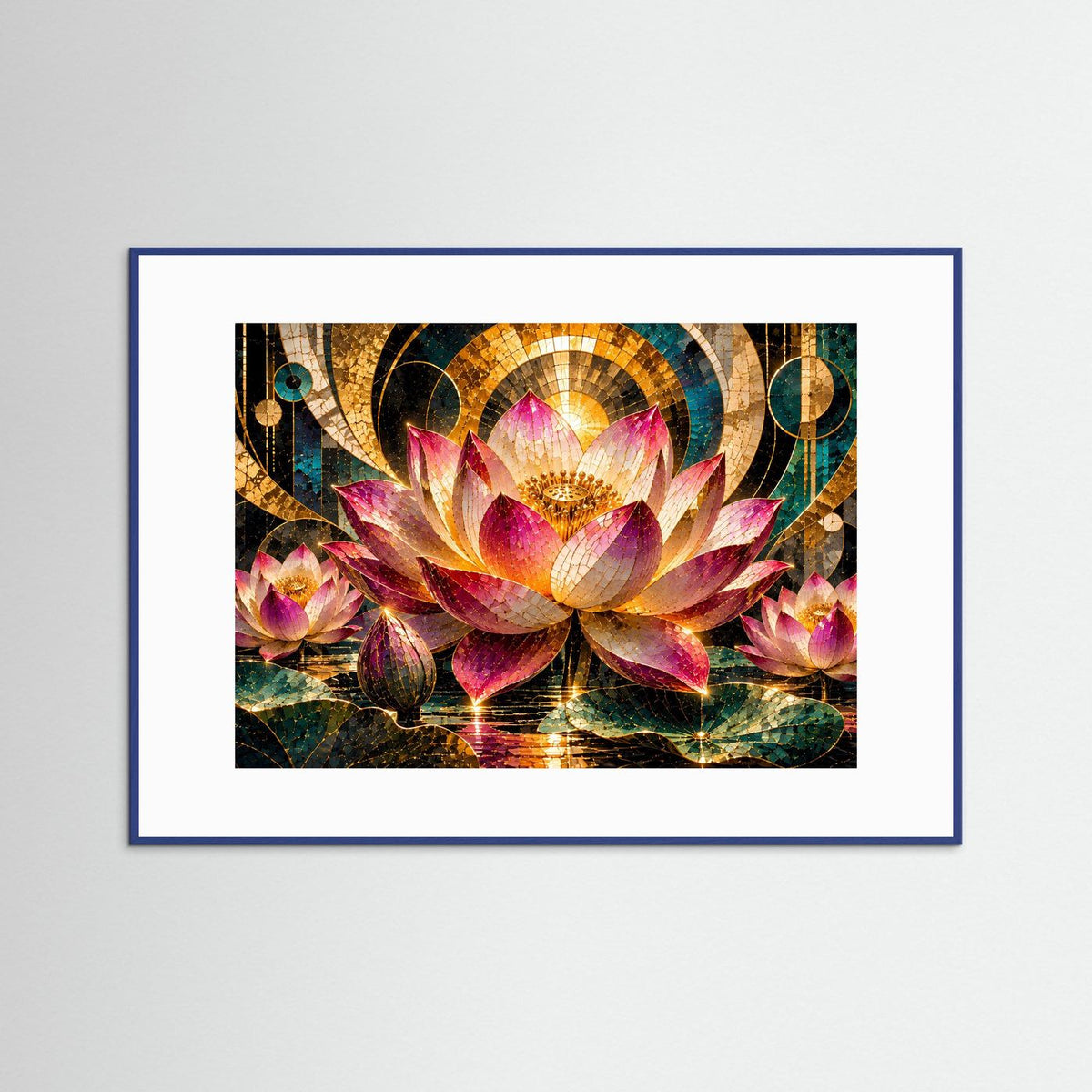 Querformat-Poster mit Lotusblüten im Mosaikstil, Pink/Gold/Türkis, blau gerahmt