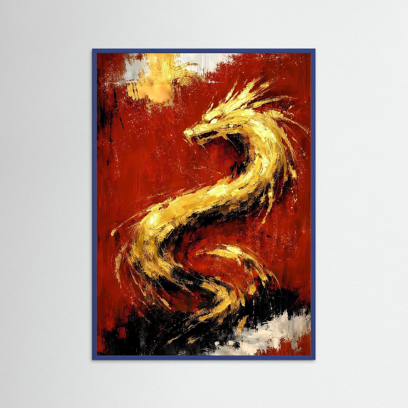 Drachenposter mit blauem Rahmen, abstrakte goldene Drachenwirbel auf rubinrot