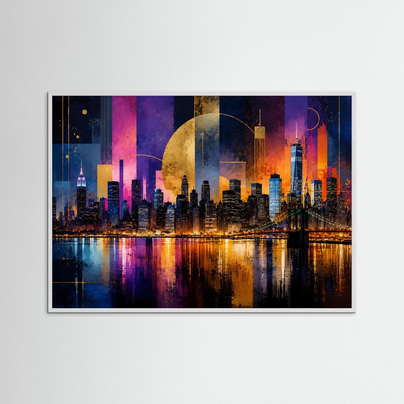 Gerahmtes Poster im Querformat mit hellem Rahmen und Neon-Skyline mit Mondsilhouette