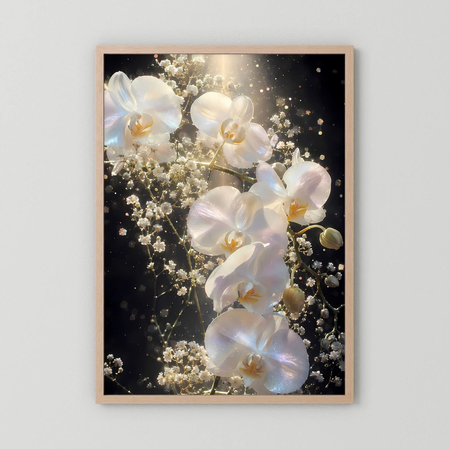 Orchideen-Blumenposter mit weißen Orchideenblüten und goldenen Lichtpunkten im Holzrahmen