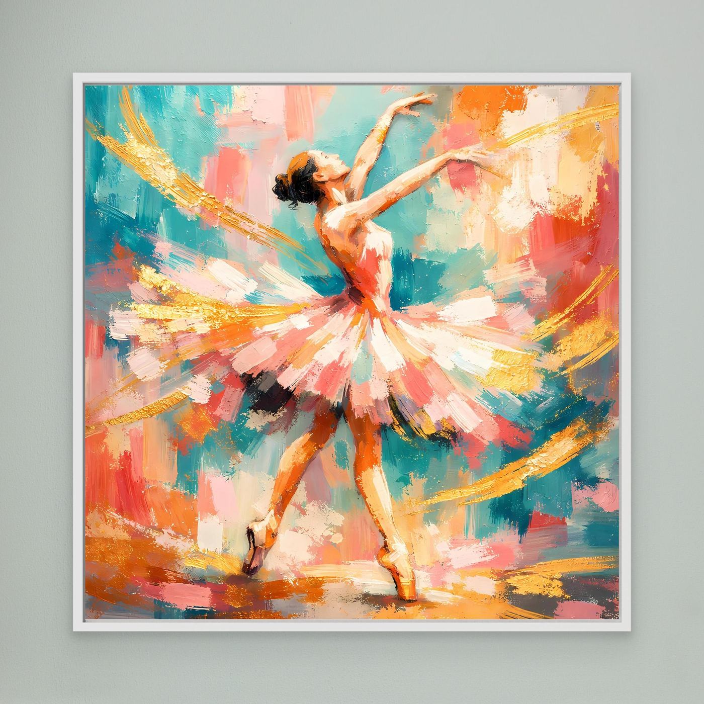 Leinwandbild mit abstrakter Ballerina, buntes Farbspiel, im weißen Rahmen
