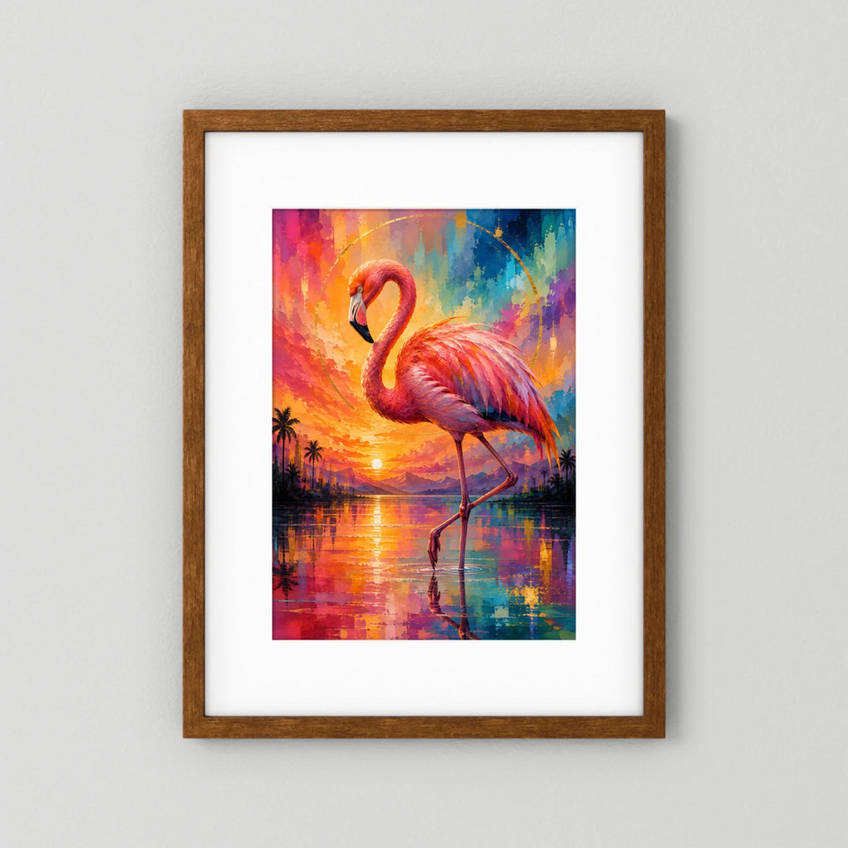 Kunstposter im Hochformat mit Flamingo-Motiv, brauner Holzrahmen