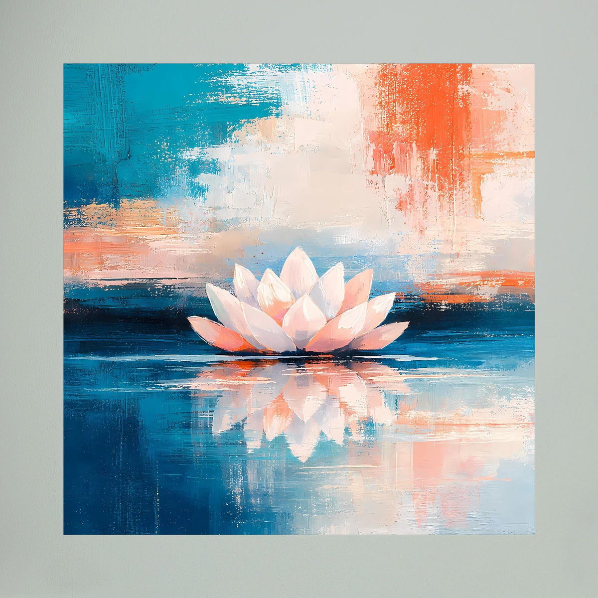 Leinwandbild, abstrakte Lotusblüte auf ruhigem Wasser, kräftiges Blau und Orange.
