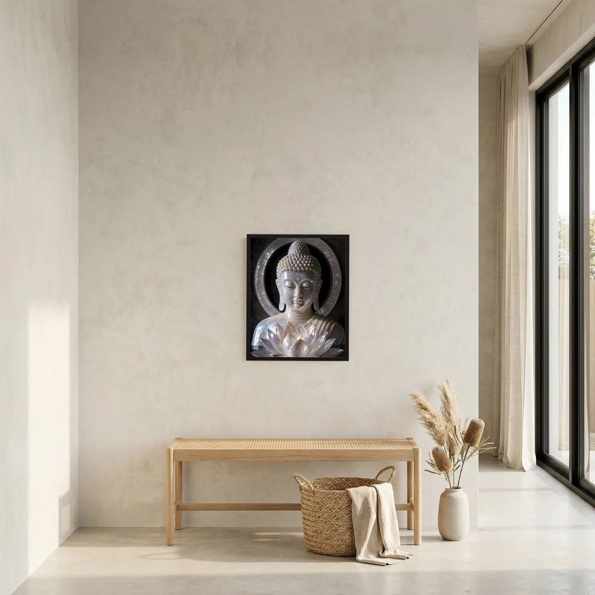 Wandbild im schwarzen Rahmen: silberner Buddha mit Lotusblüten und Halo